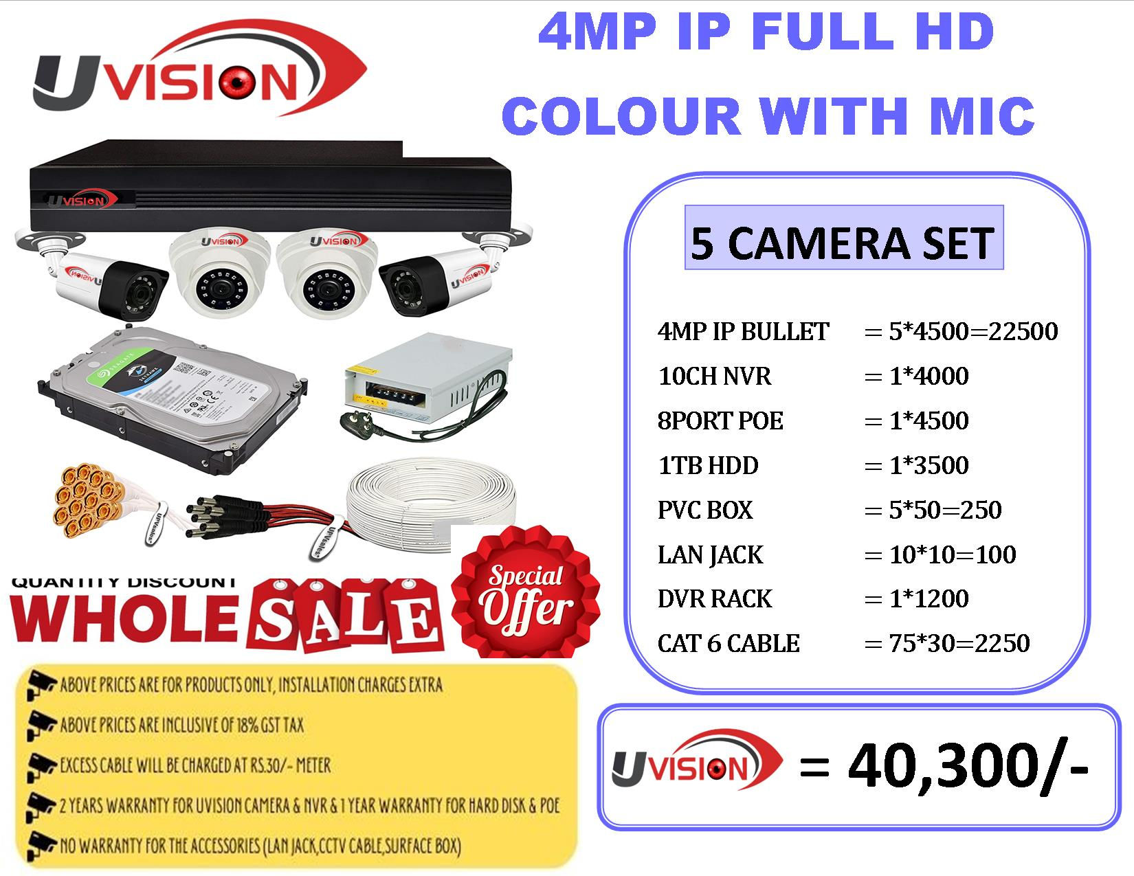 Uvision 4mp IP Color With Inbuilt Mic 5 Camera Set