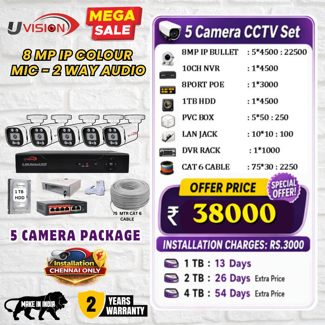 Uvision 8mp IP Color With Inbuilt Mic 5 Camera Set