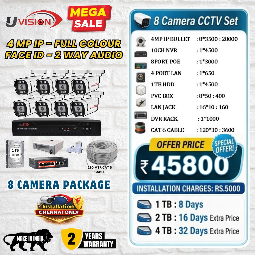 Uvision 4mp IP Color With Inbuilt Mic 8 Camera Set
