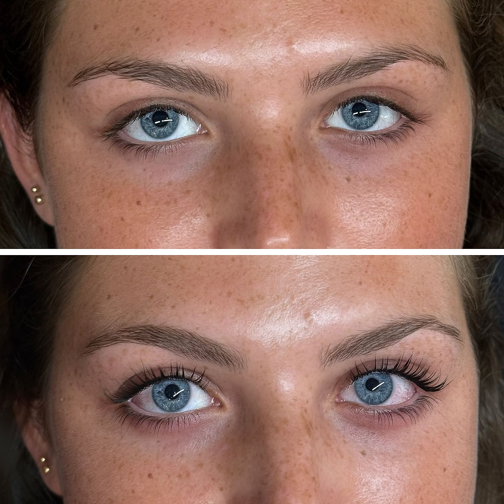 Lash Lift: Close-up of a client's eyes showing the lifted, curled, and tinted results of a natural lash lift service.