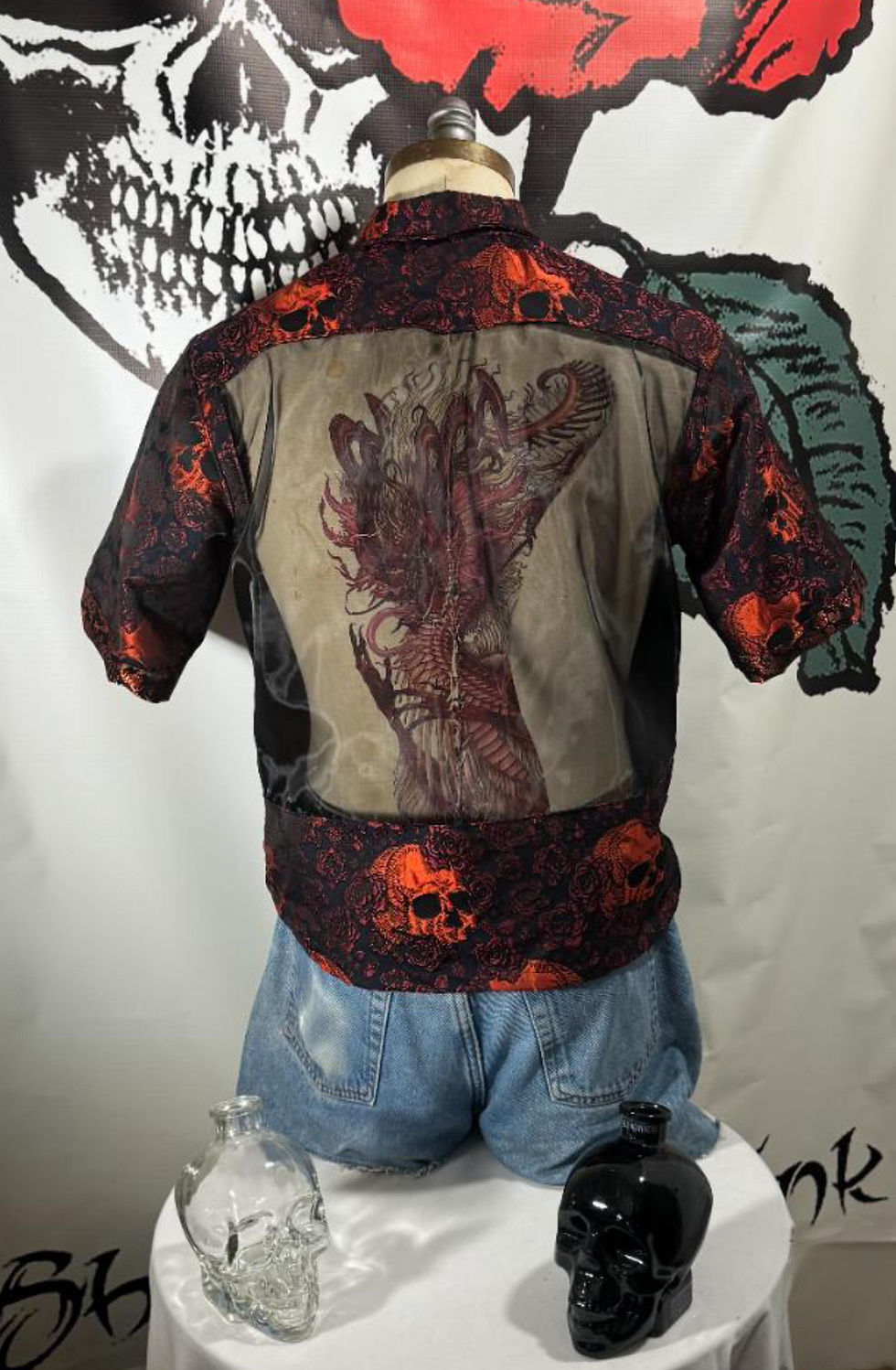 Thumbnail: Red Skulls and Roses Brocade Custom Shirt - Men's