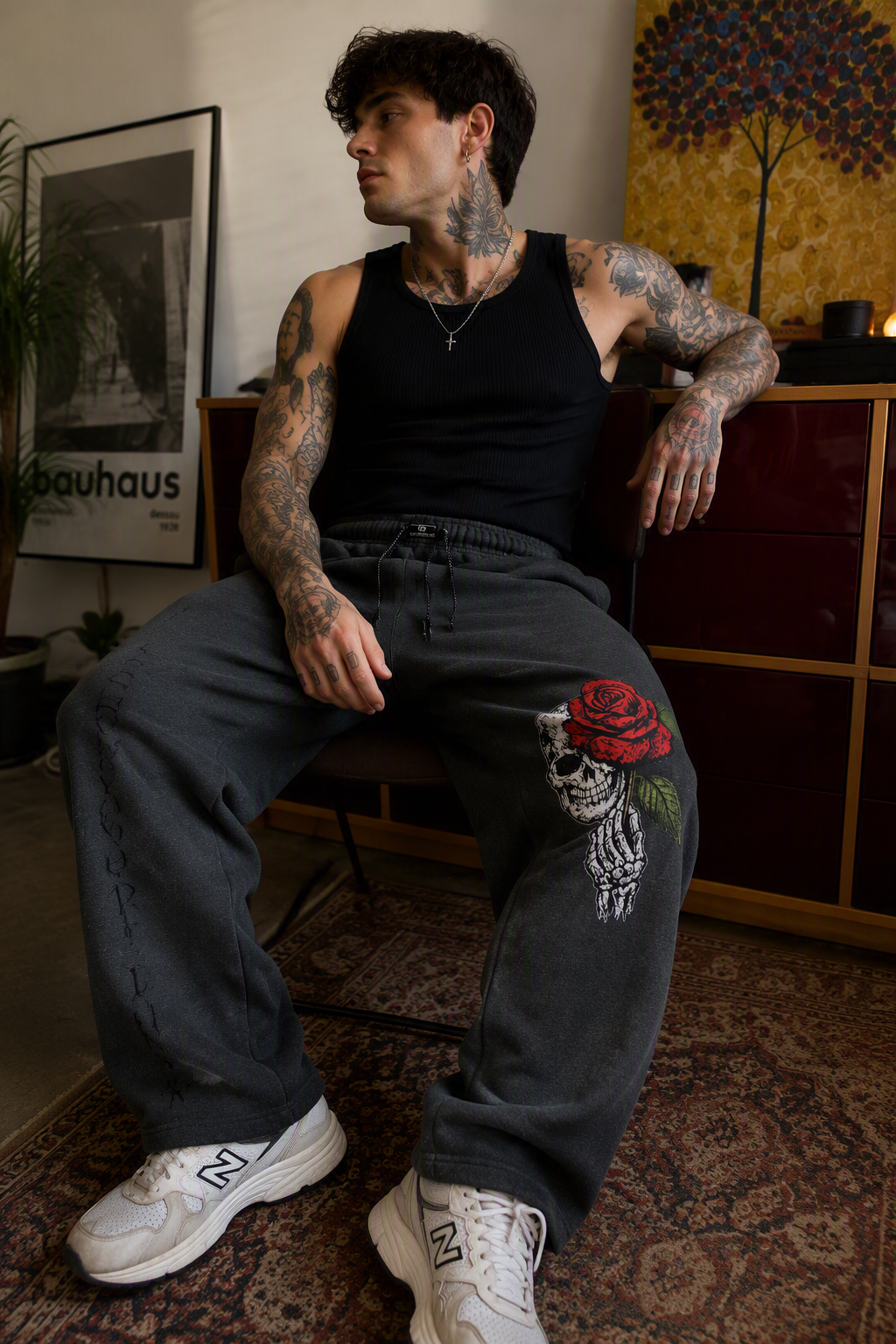 Skullie Rose SYI Fleece Open Bottom Joggers in Charcoal