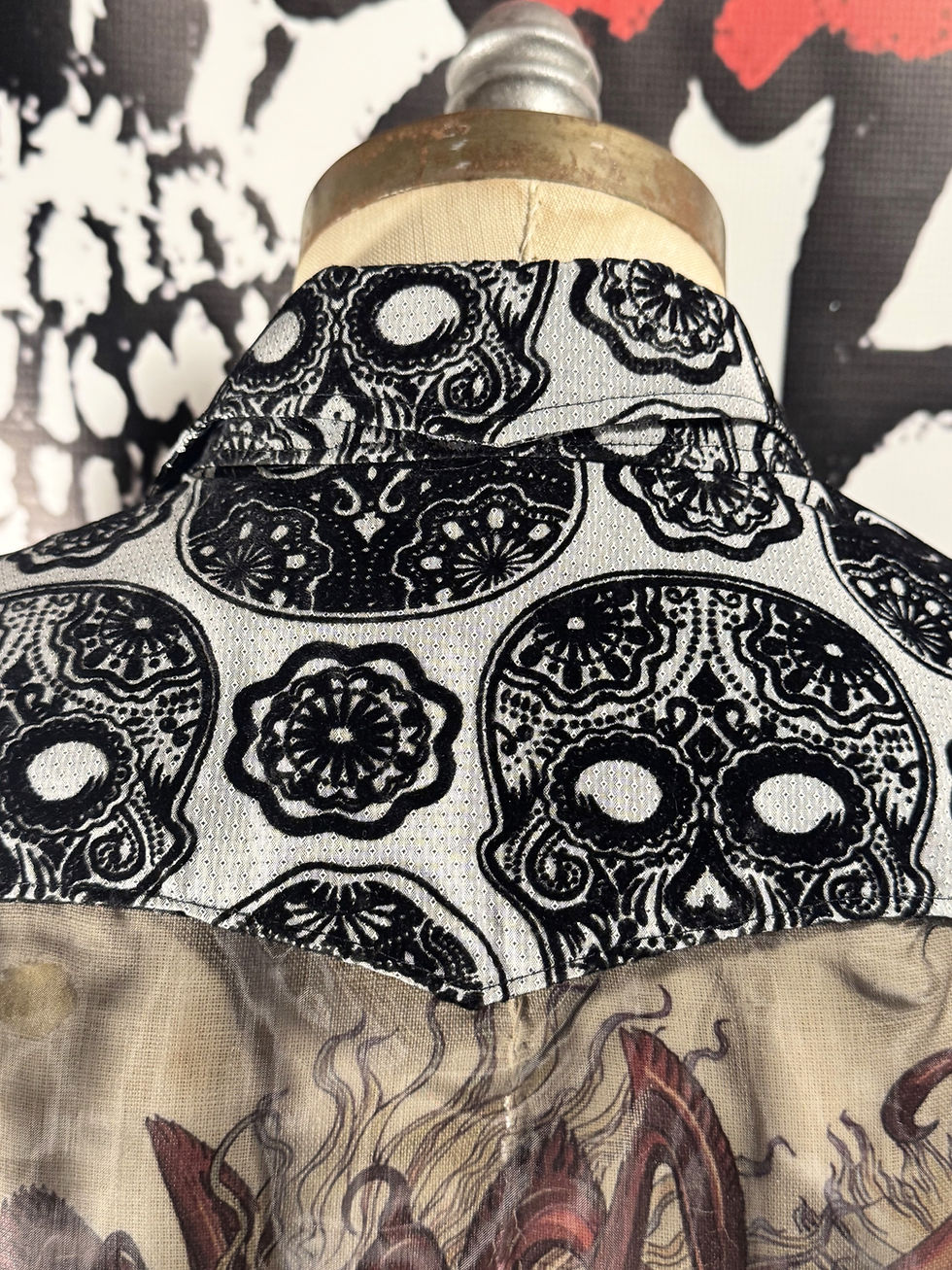 Thumbnail: Black Sugar Skulls on Gray Men's Button Up sheer back panel and sheer upper