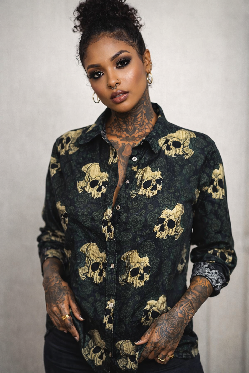 Thumbnail: Green Skull and Rose Brocade - Lady's cut Custom SYI Shirt