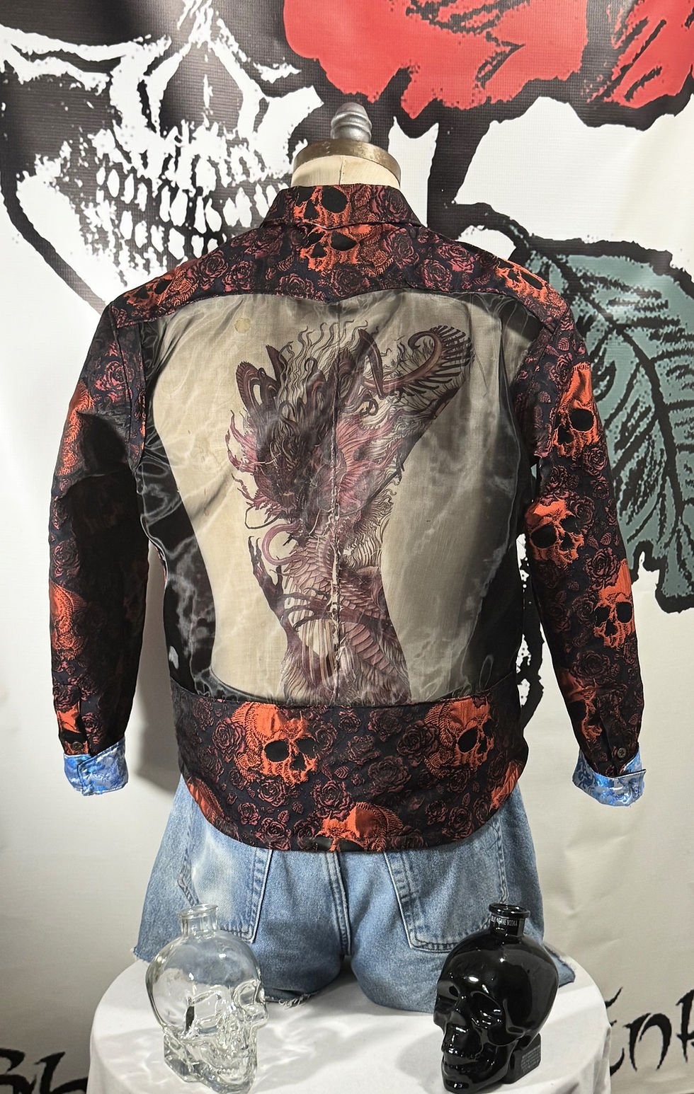 Thumbnail: Red Skulls and Roses Brocade Custom Shirt - Men's