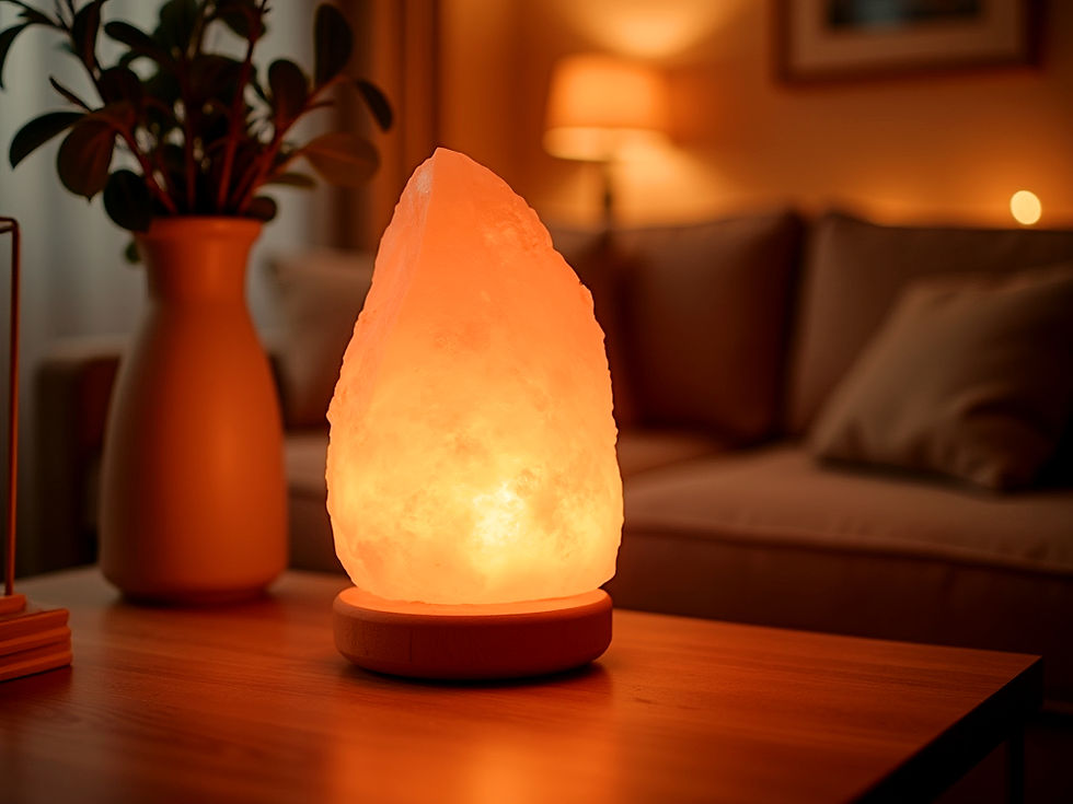 A glowing salt lamp on a wooden table in a cozy living room with sofa and plant. Warm ambient lighting creates a serene atmosphere.