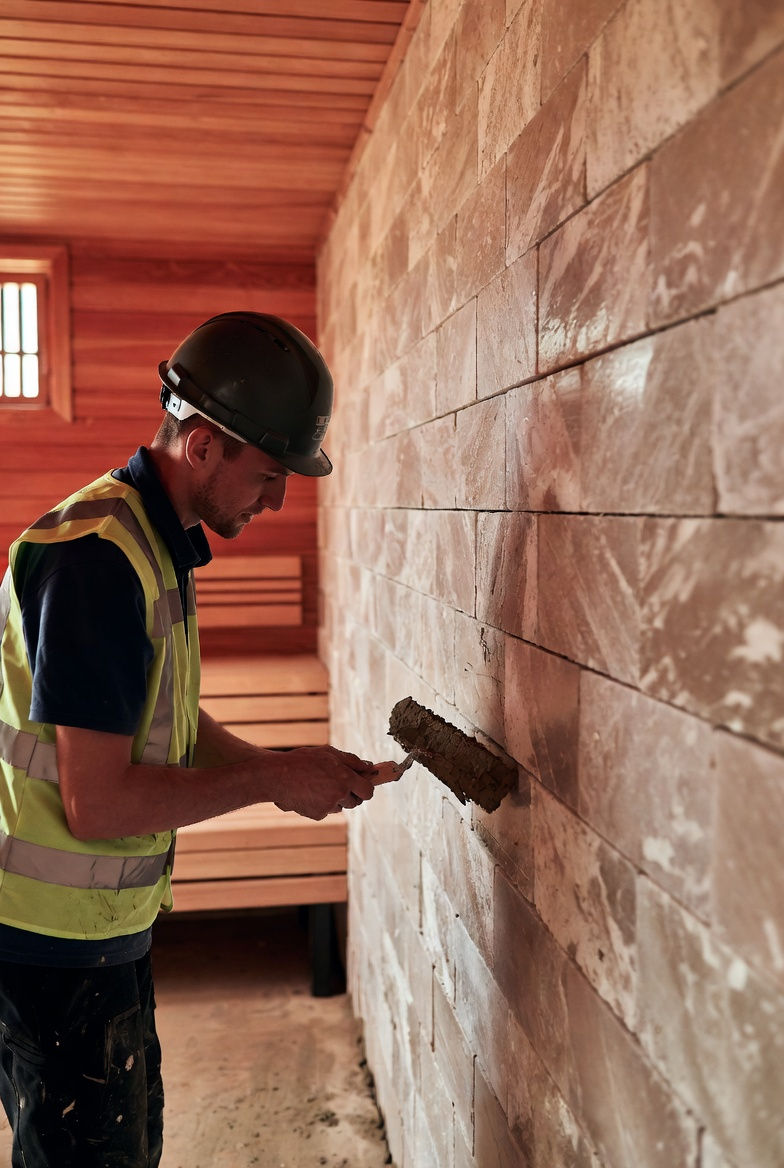 Worker constructing a Himalayan salt wall in a resort sauna.