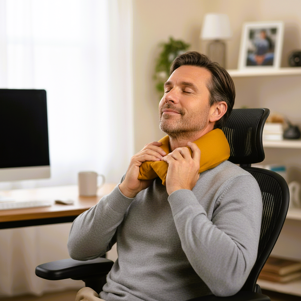 Man relaxing with a Himalayan salt neckroll pillow.