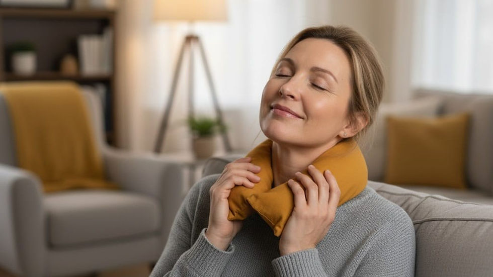 Woman enjoying relaxation with a warm Himalayan salt neckroll on her neck in a cozy living room.