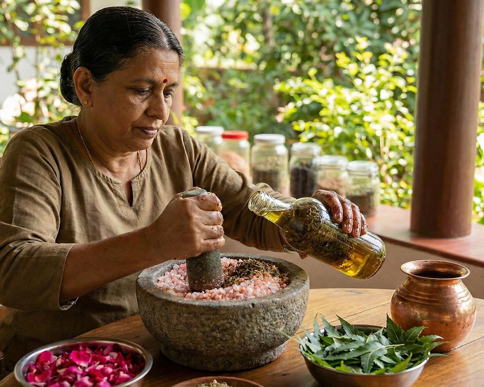 Woman grinding herbs and pink salt in a stone mortar. She's pouring oil, surrounded by jars and green plants in a sunny, outdoor setting.