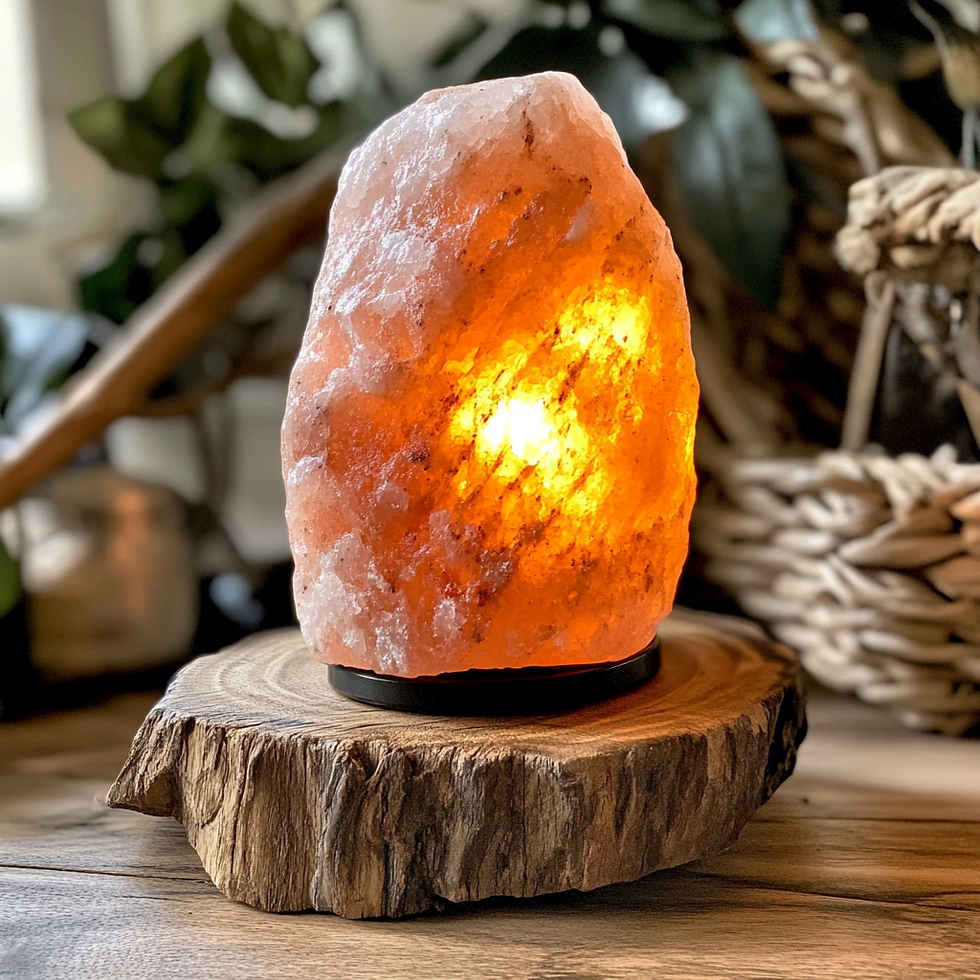Glowing Himalayan salt lamp on a wooden base, surrounded by woven baskets and greenery, creating a warm, cozy atmosphere.