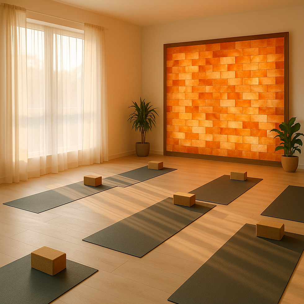 Peaceful yoga room with mats, blocks, and potted plants. A glowing himalayan pink salt brick wall and sheer curtains create a warm, serene atmosphere.
