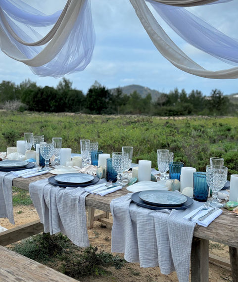 Luxury styled dinner table in Ibiza set in a natural outdoor setting for a private event by Studio Lois
