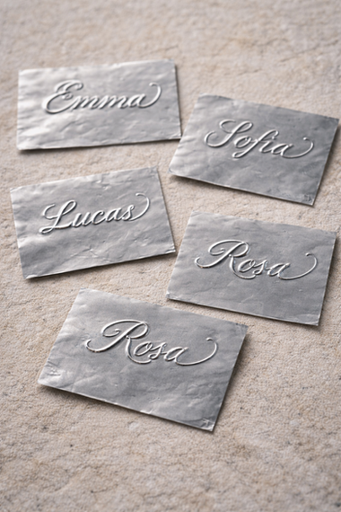 chrome metal name cards for luxury wedding table styling Ibiza