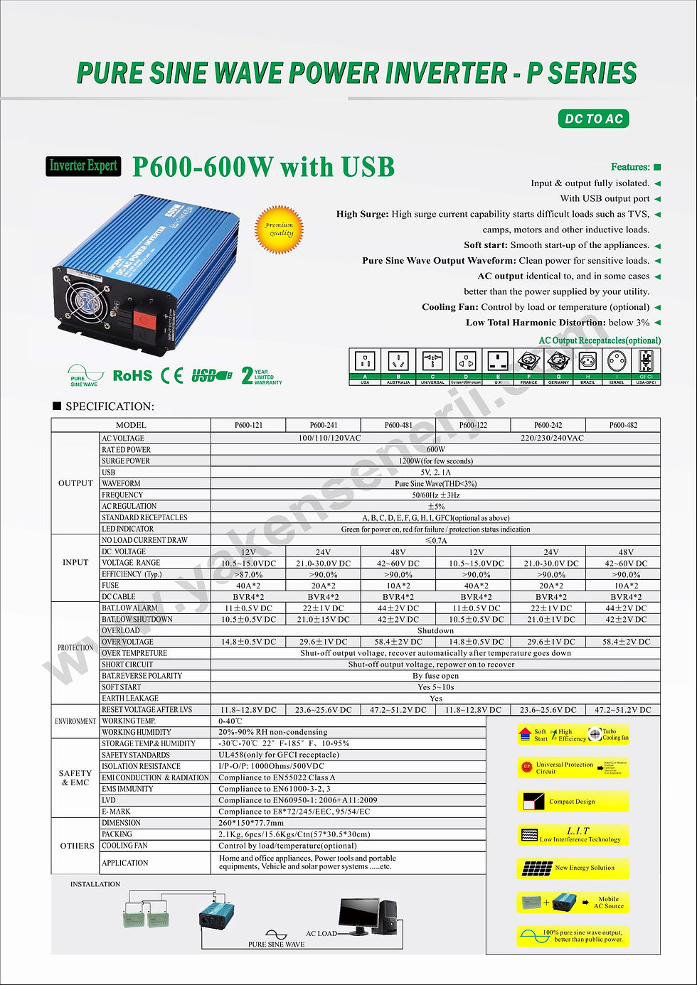Küçük resim: 600 Watt 12V Tam Sinüs İnverter Carspa