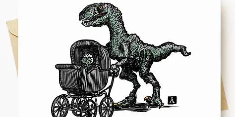 Baby Card with Velociraptor Dinosaur with Baby