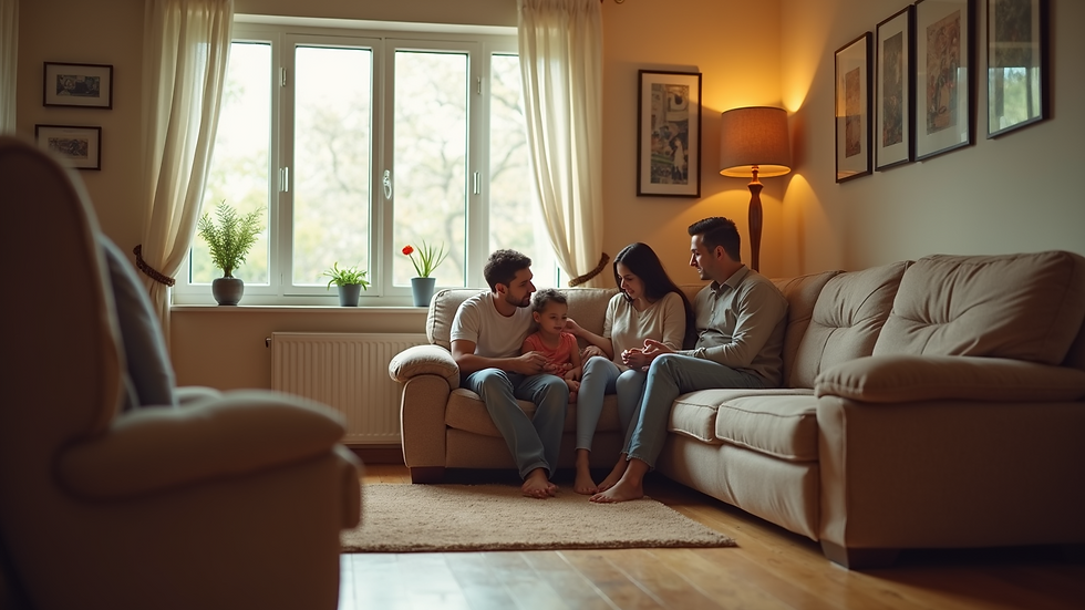 Eye-level view of a family sitting together in a cozy living room