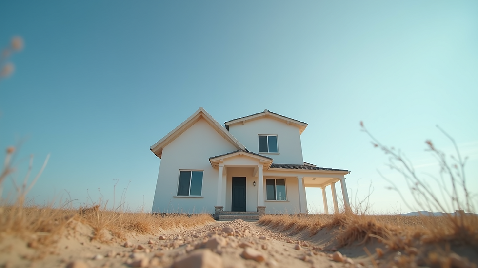 Eye-level view of a newly built house with a clear blue sky