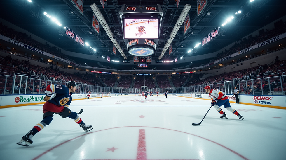 Eye-level view of a hockey rink during a game