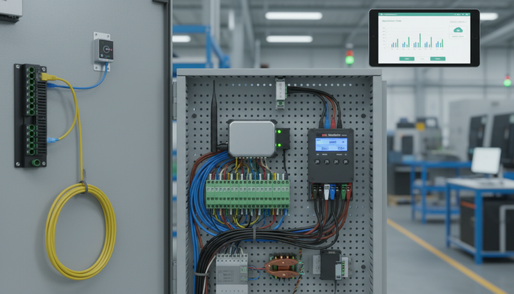 Close-up view of an industrial control panel with a gateway connected to RS485 and Ethernet terminals.