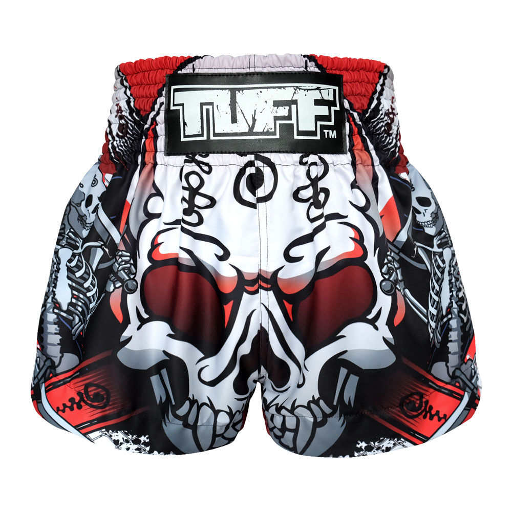 MS619 TUFF Muay Thai Boxing Shorts "White Devil Skull with Twin Skeletons"