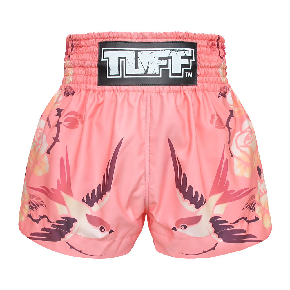 MS618 TUFF Muay Thai Boxing Shorts "Pink Birds and Roses Vintage Drawing"