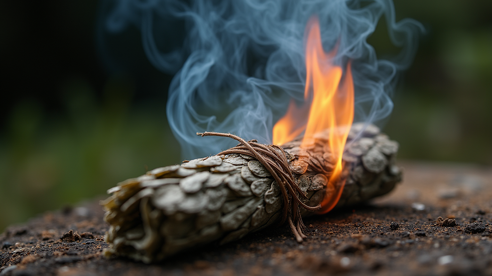 Close-up view of a burning sage bundle releasing smoke