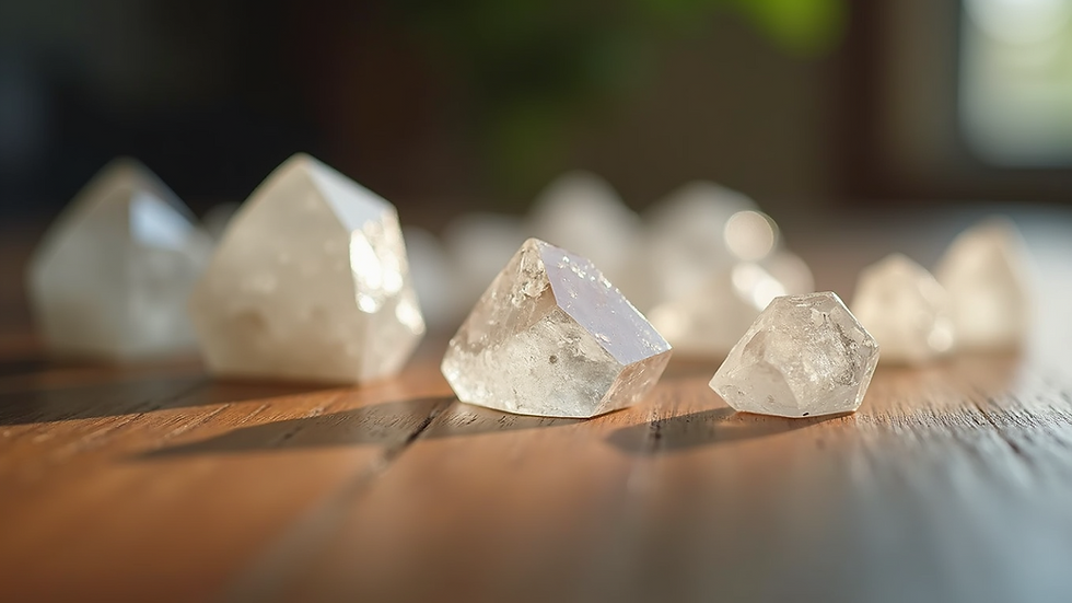 Eye-level view of a collection of protective crystals on a wooden surface