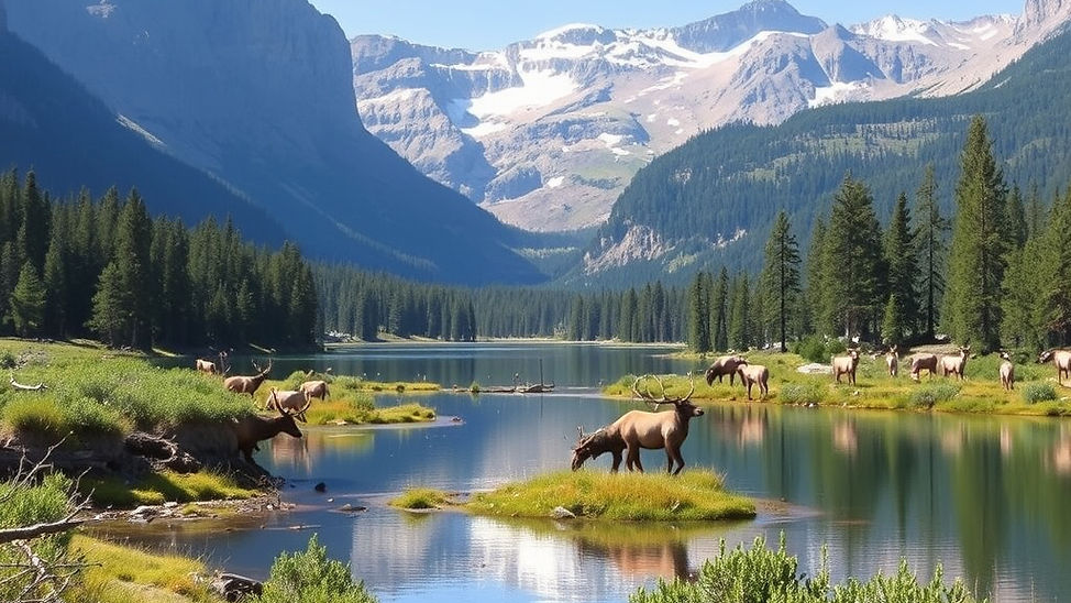 landscape of a New Mexico mountain lake with lots of elk around it.jpg