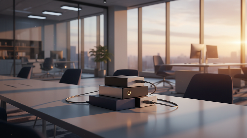 Close-up view of external hard drives used for data backup