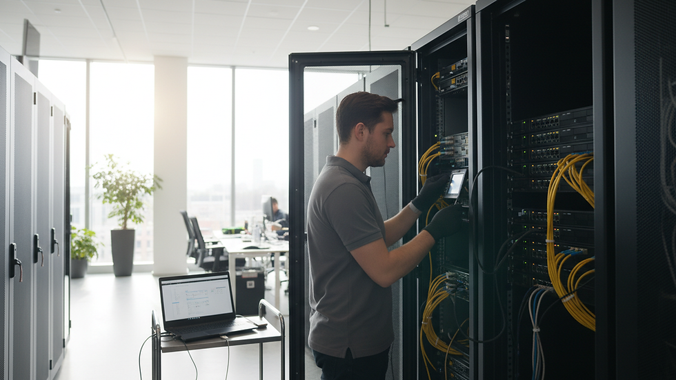 Eye-level view of a technician working on a server rack