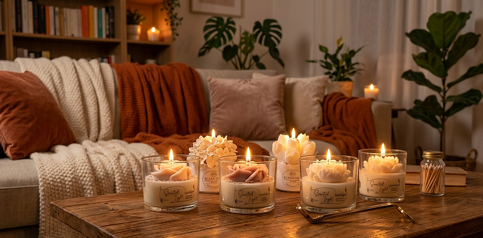 Eye-level view of a cozy living room with lit scented candles on a wooden table