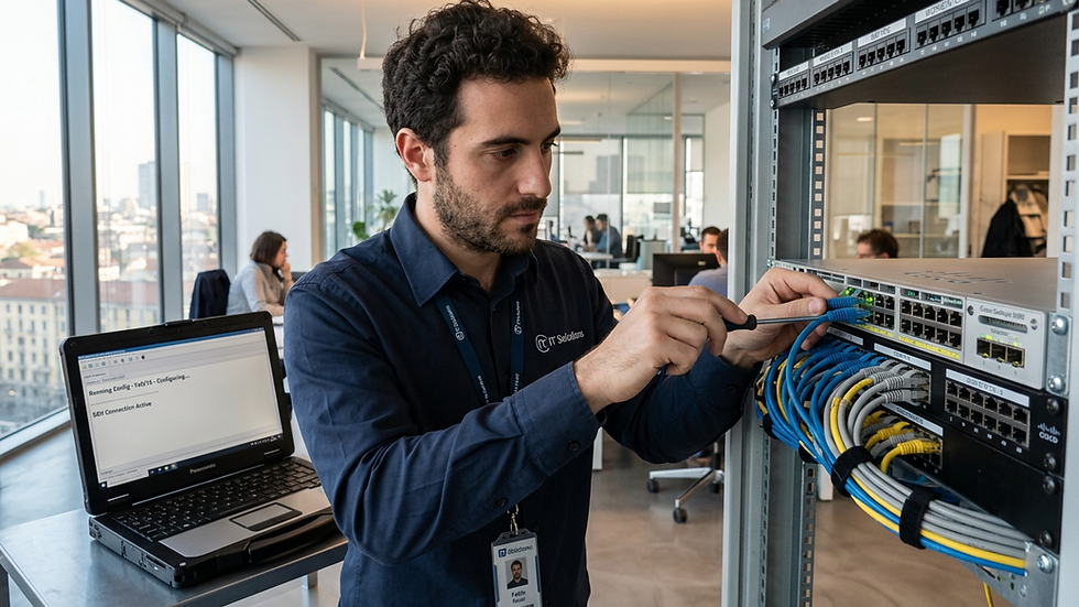 IT technician connects blue network cables in a bright office server rack beside a laptop showing SEH Connection Active.