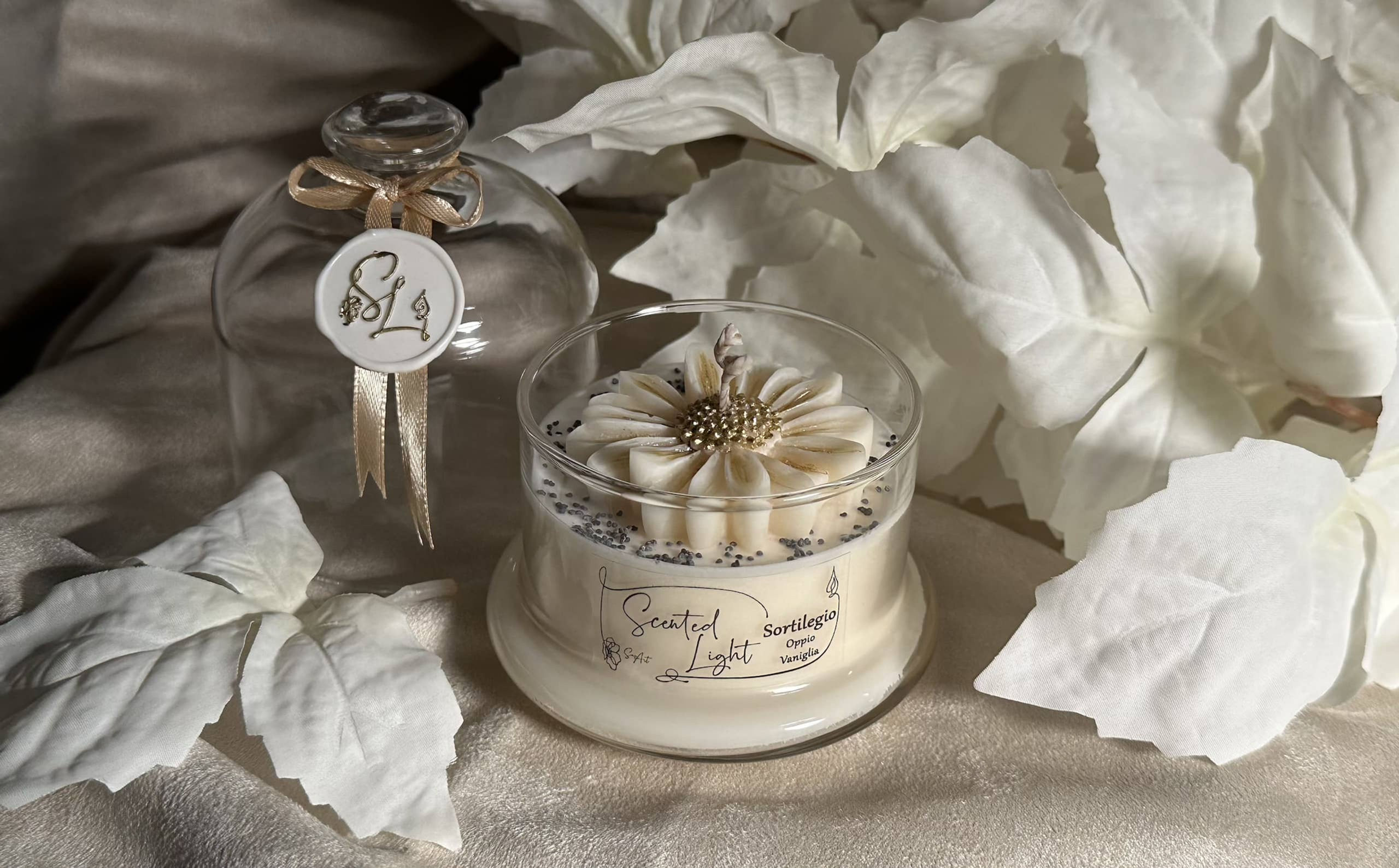 Candela profumata artigianale Margherita in cera di soia Bio in contenitore Vetro Cristallo Potiche con coperchio