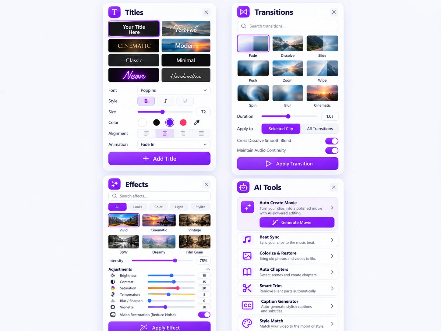 Modern Video Editor UI Panels