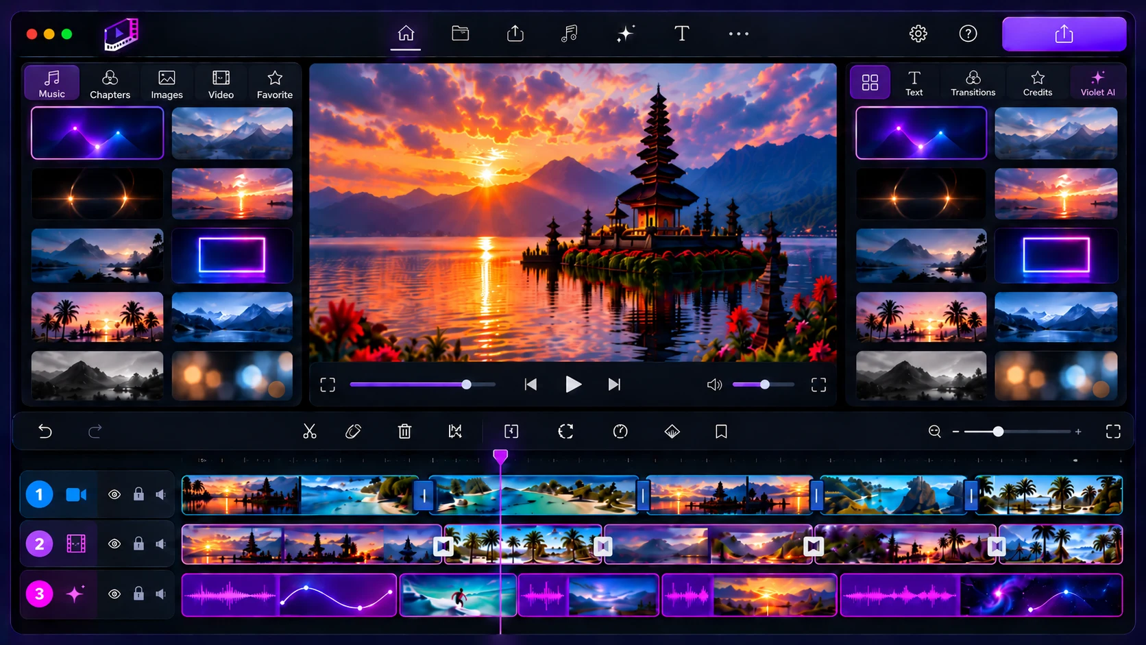 Neon Violet Video Editor Interface