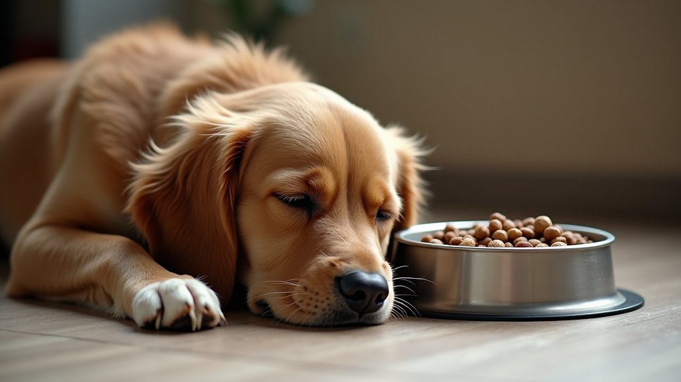 Close-up view of a dog lying peacefully next to its food bowl
