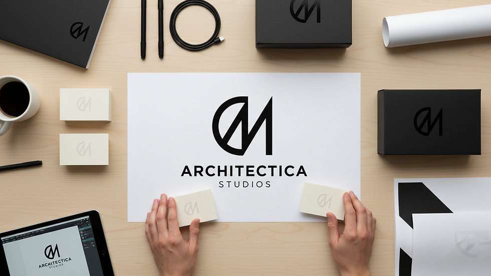 Hands arrange business cards around an ARCHITECTICA STUDIOS logo Design by paradox persian design