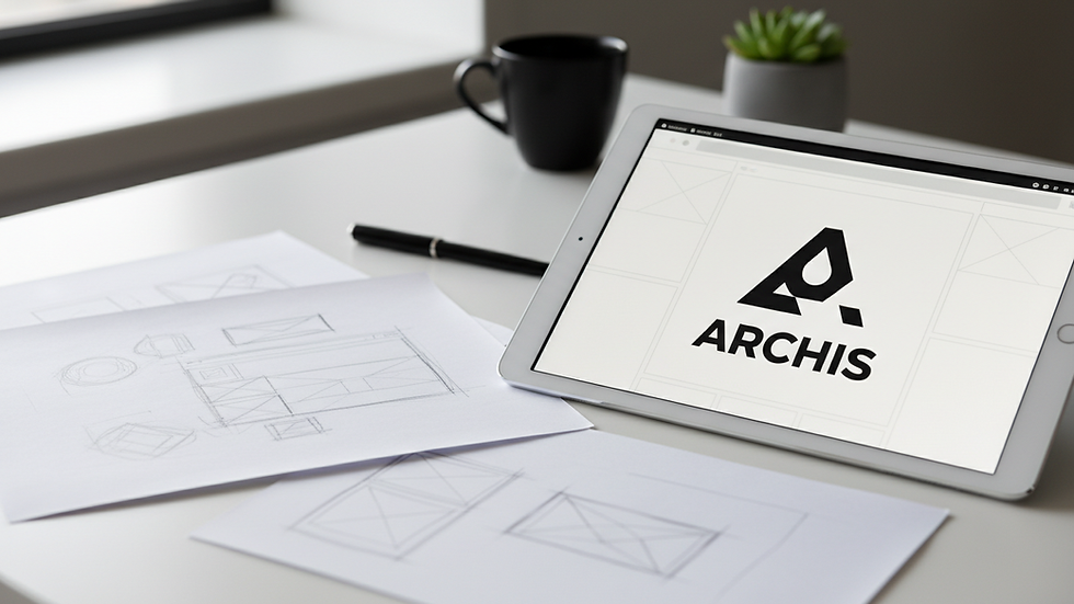Close-up view of a designer’s desk with sketches and a tablet showing website wireframes