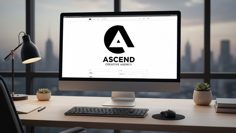 Modern desk with iMac showing Paradox persian design Creative Agency logo, keyboard and lamp, against Canberra city skyline at dusk.