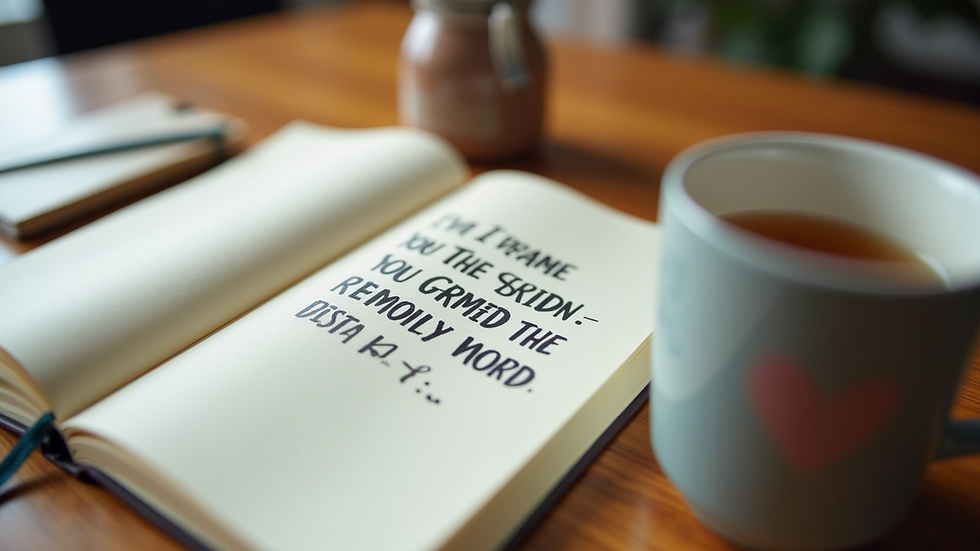 Close-up view of a journal with motivational quotes and a cup of tea on a wooden table