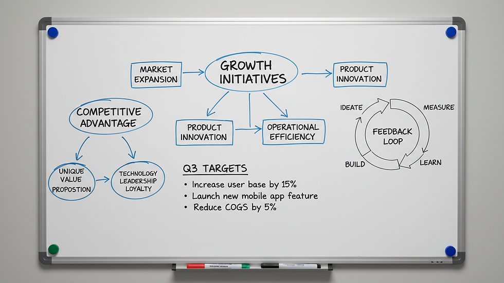 Close-up view of a whiteboard with business strategy notes and diagrams