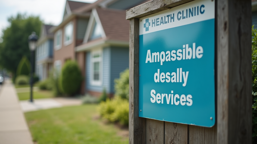 Close-up of a local health clinic sign indicating accessible services for the community