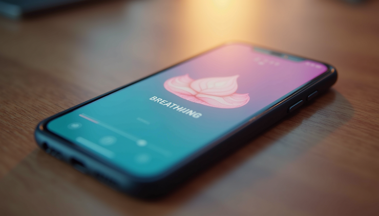 Close-up view of a smartphone screen showing a breathing exercise app interface with calming colors