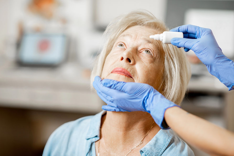 female doctor putting eye drops in older woman's eye.