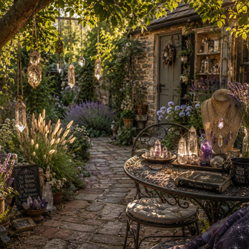 Hanging quartz crystals in an English cottage garden with lavender, herbs, wrought iron furniture, and sunlight reflections.