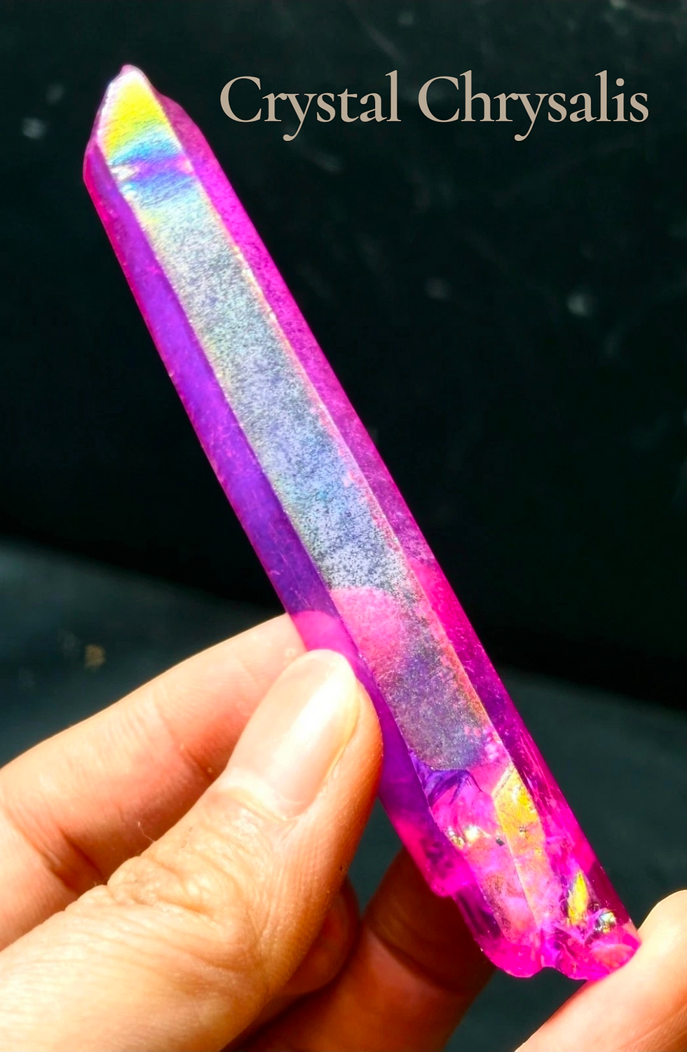 Thumbnail: Long Natural Rainbow Pink Aura Clear Striated Lemurian Crystal Point