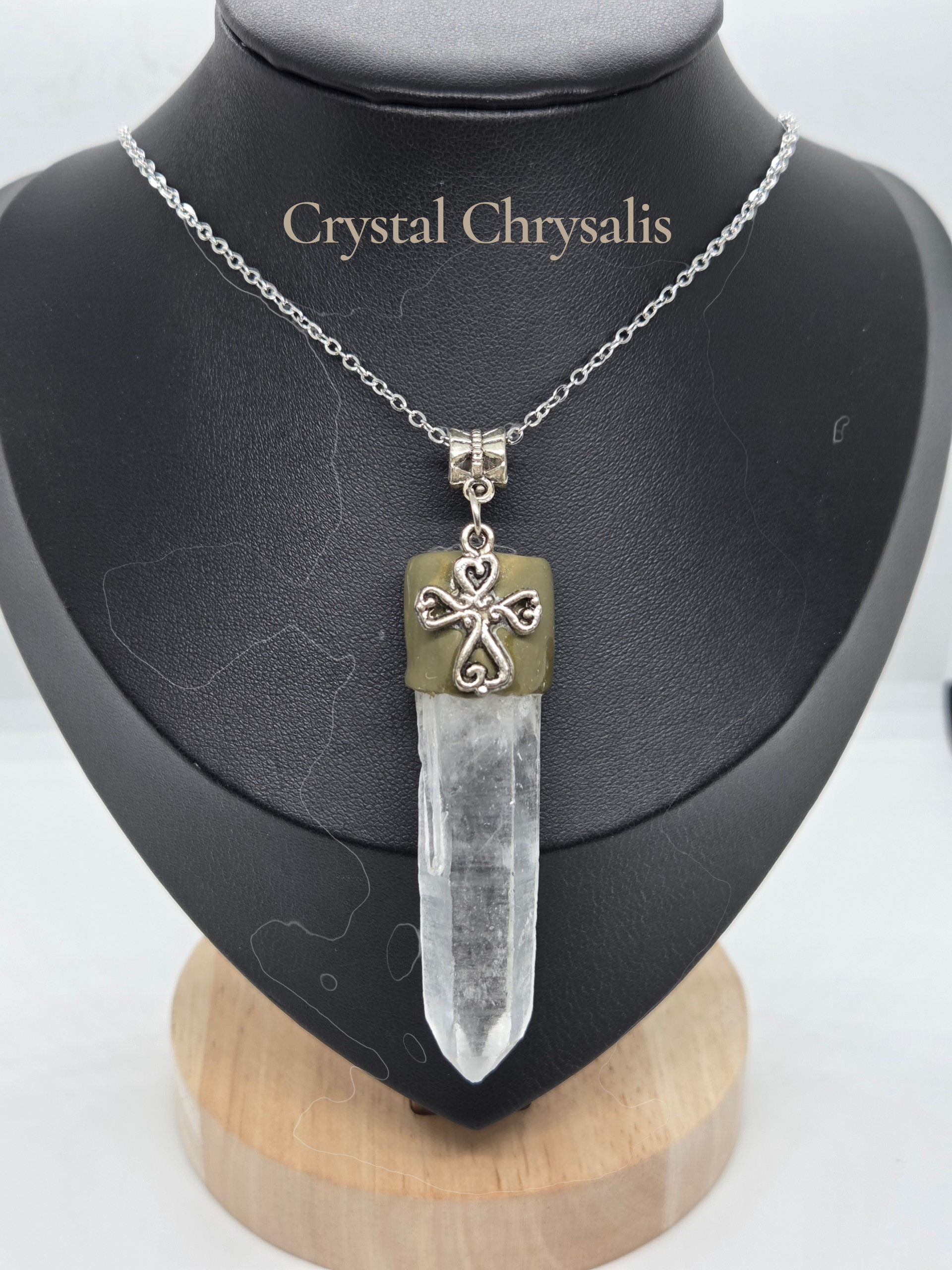 Antique Silver Spiral Cross Natural Lemurian Crystal Point Pendant Necklace