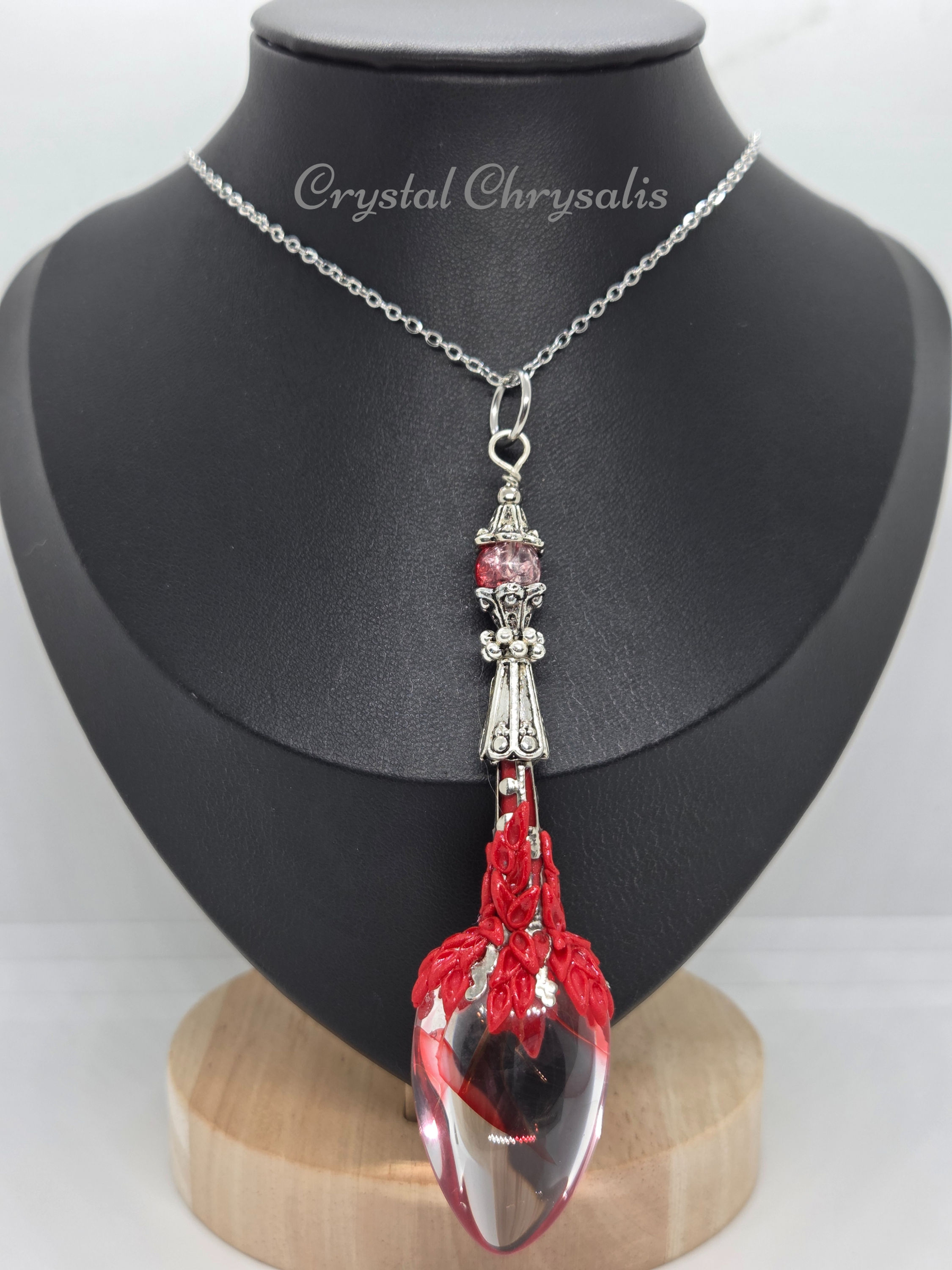 Old World Antique Silver Clear Red Phantom Crystal Pendant Pendulum