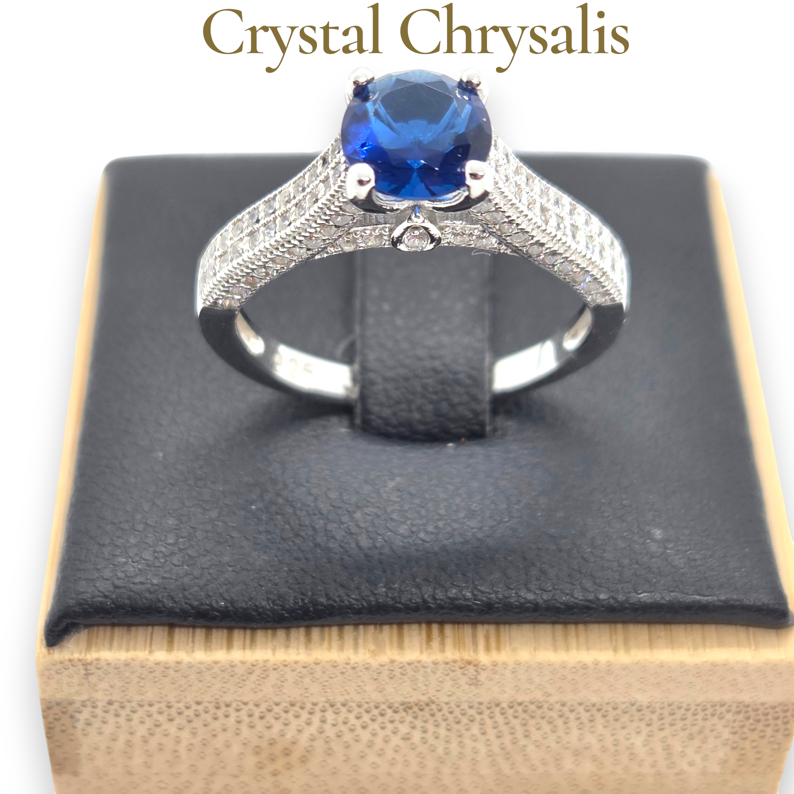 Elegant .925 Sterling Silver 1 Ct Blue Sapphire Solitaire Rhinestone Accents